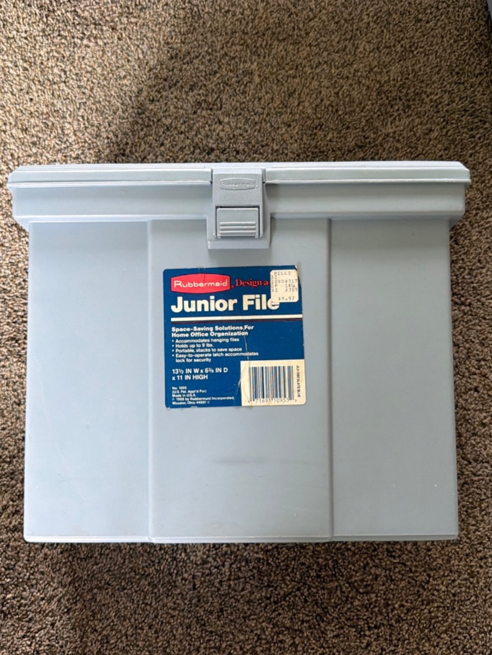 Rubbermaid Junior File Box #1095 VTG 1988 Slate Blue Portable Carry Case Storage